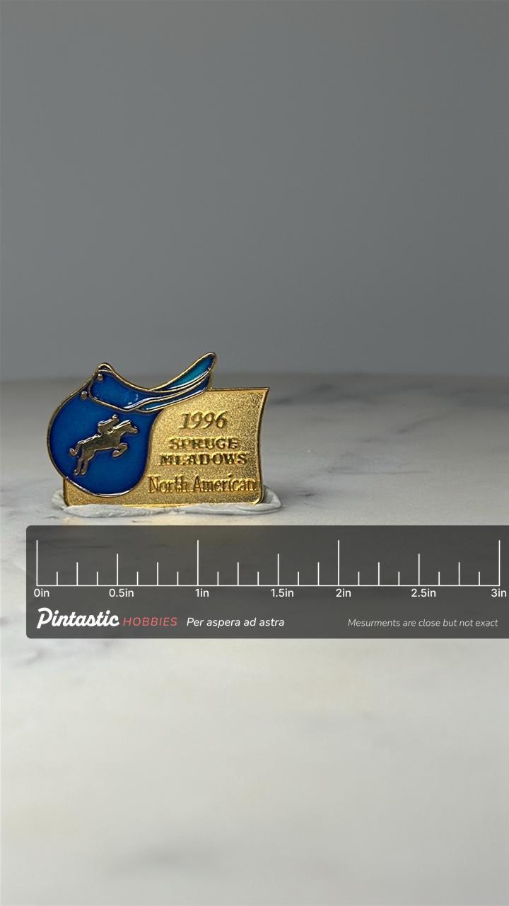 1996 Spruce Meadows Equestrian Pin: Blue Enamel - Horse Show Accessory with ruler overlay for size reference
