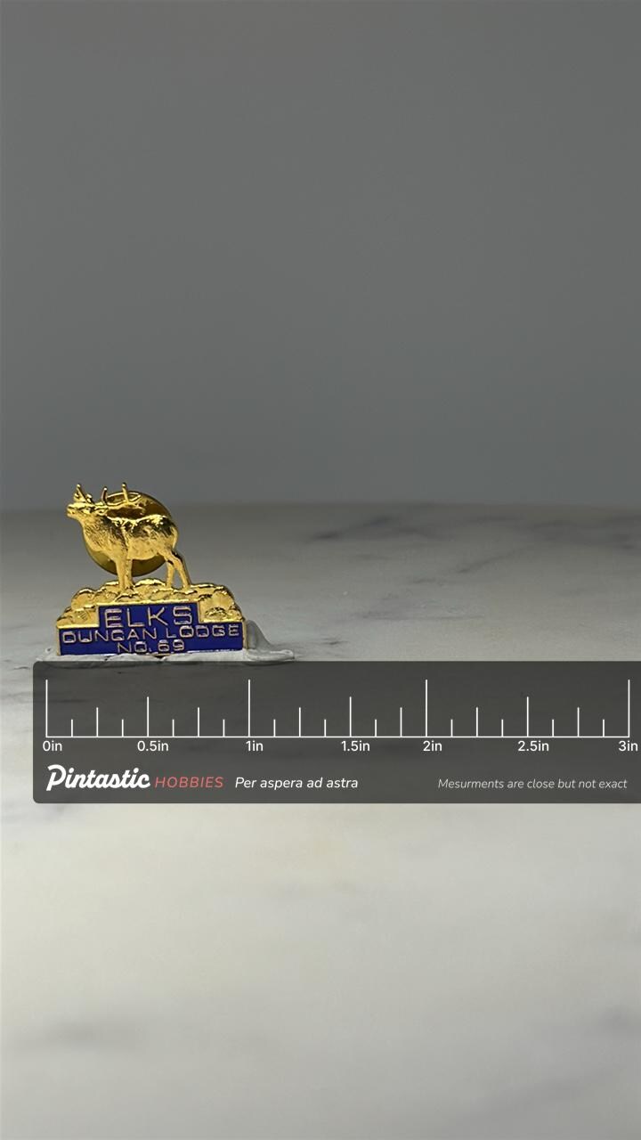 Vintage Elks Duncan Lodge No 69 Enamel Lapel Pin BPOE Fraternal Order with ruler overlay for size reference