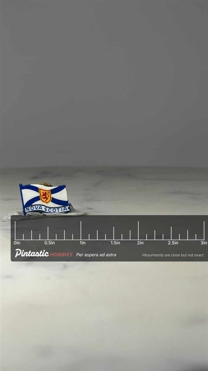 Nova Scotia Flag Lapel Pin: Blue & White Enamel - Travel Souvenir with ruler overlay for size reference
