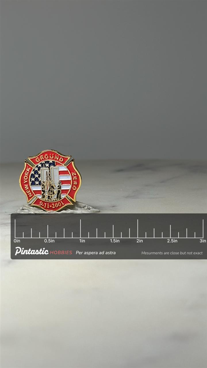New York Ground Zero Pin: Red Enamel 9 11 2001 Memorial Accessory with ruler overlay for size reference