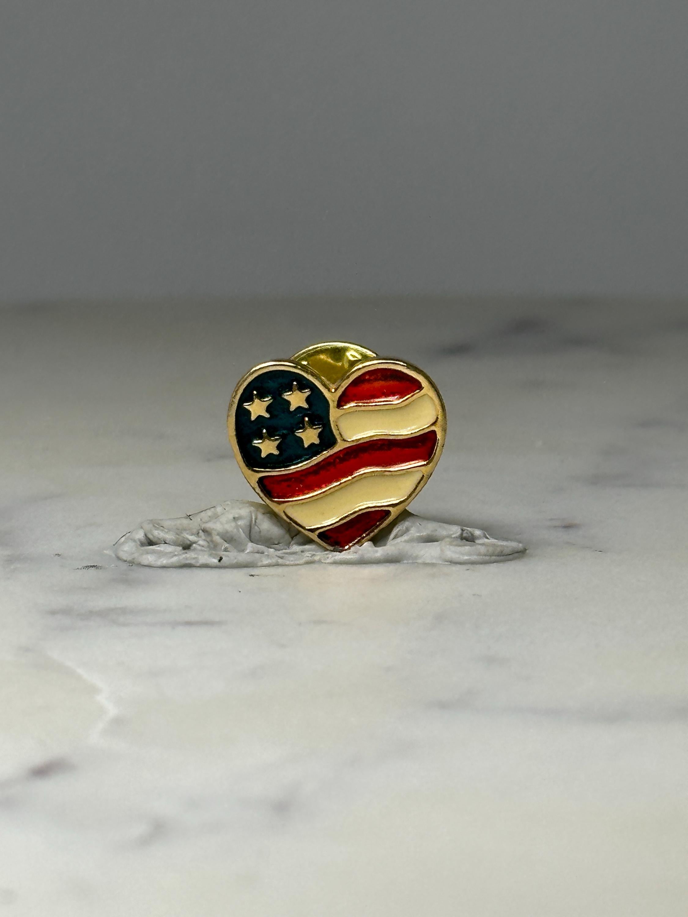 American Flag Heart Lapel Pin: Gold Tone Enamel - Patriotic Accessory