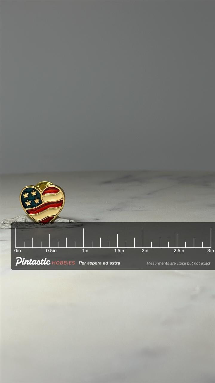 American Flag Heart Lapel Pin: Gold Tone Enamel - Patriotic Accessory with ruler overlay for size reference