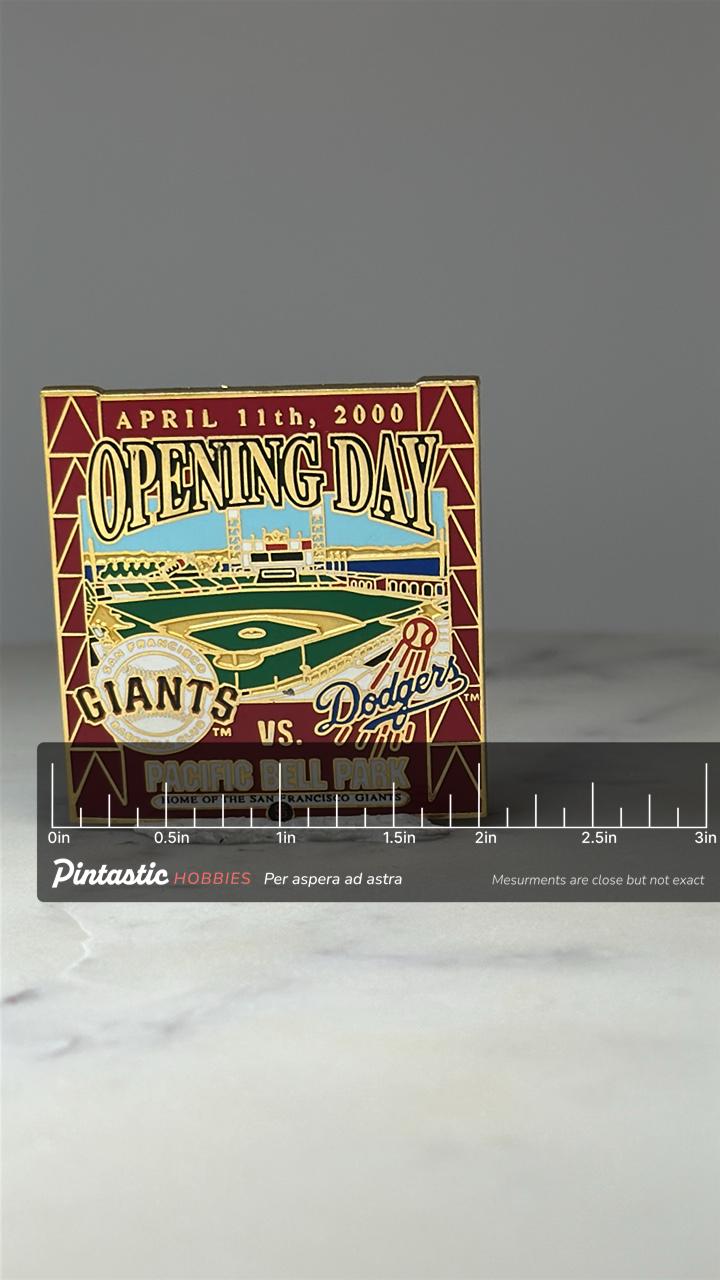 SF Giants Opening Day Pin: Gold Enamel - 2000 Stadium Game with ruler overlay for size reference