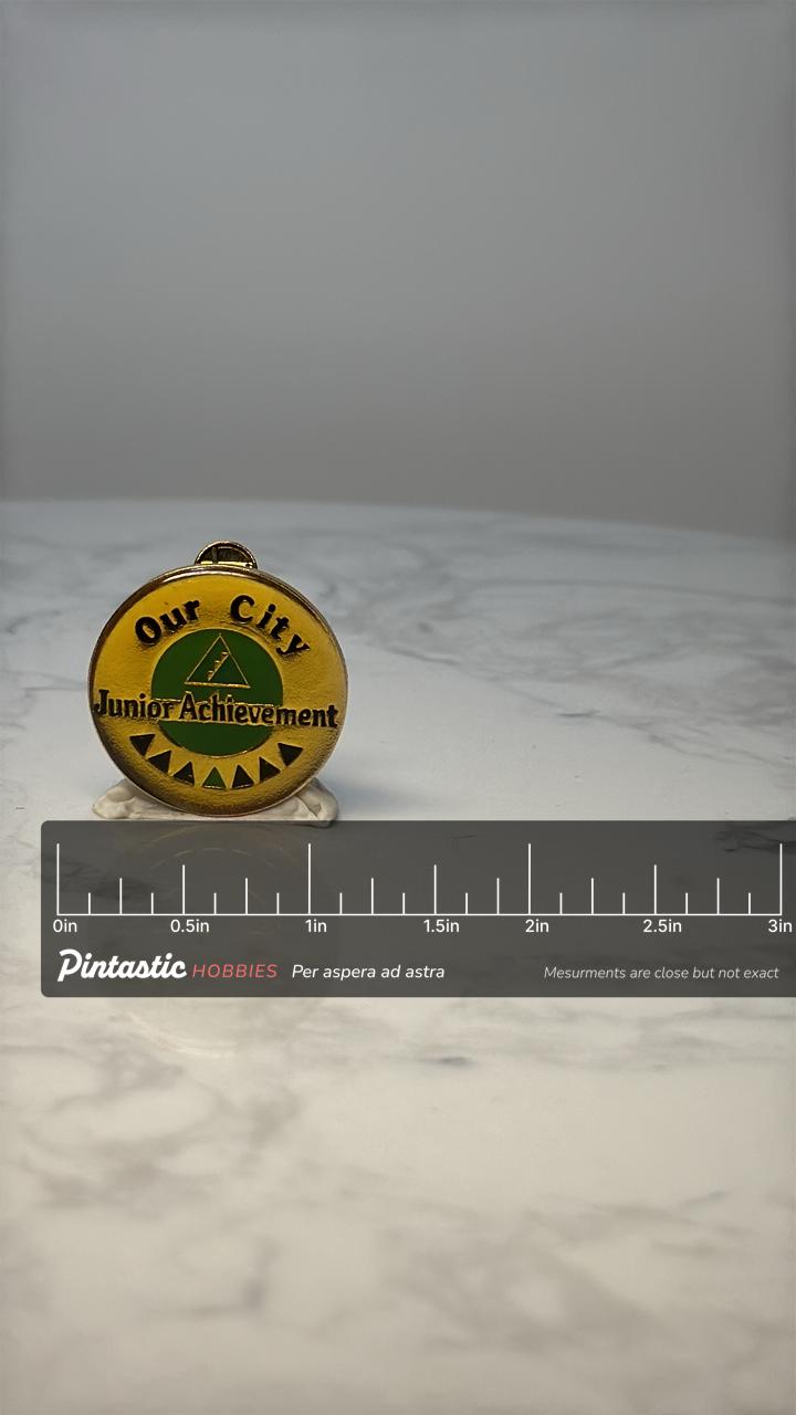 Vintage Junior Achievement Clip: Gold Tone Enamel - Our City with ruler overlay for size reference