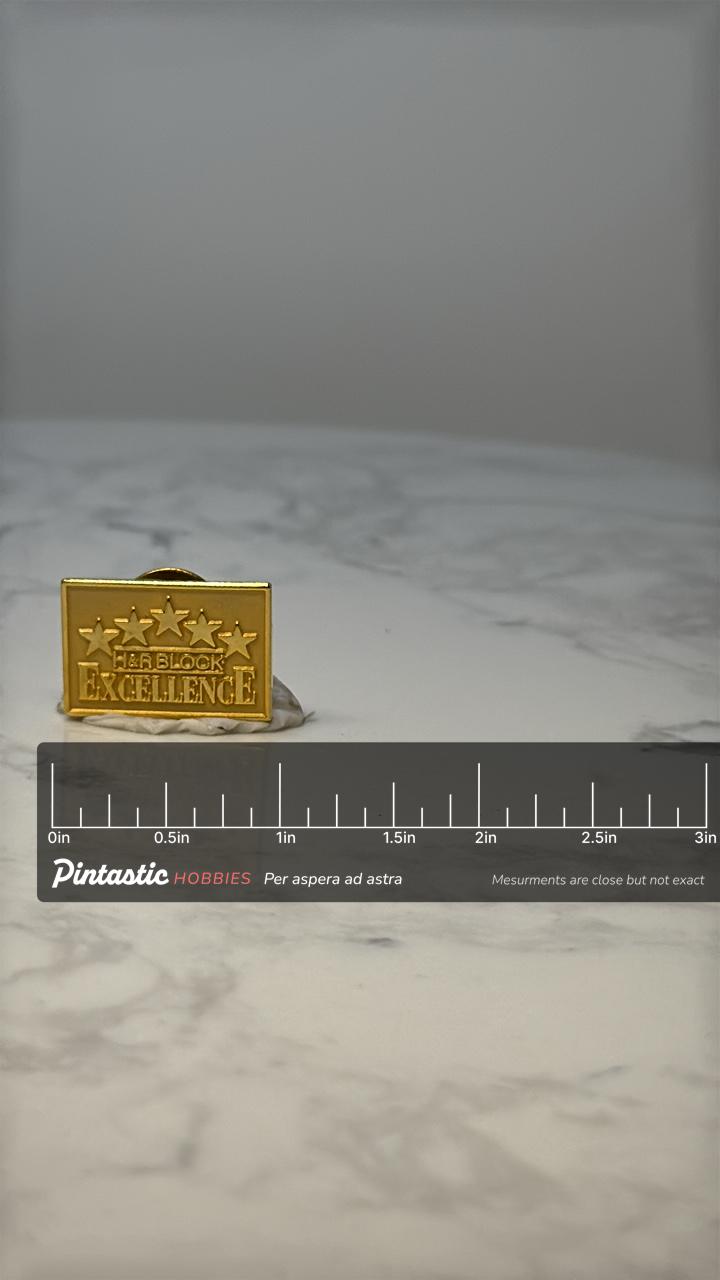 Vintage H&R Block Excellence Award Pin: Gold Tone - Corporate Recognition Accessory with ruler overlay for size reference