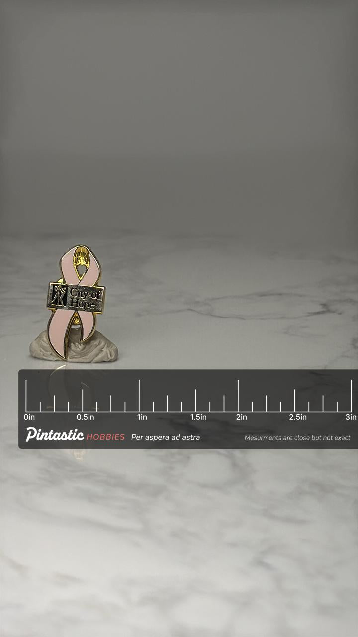 City of Hope Pink Ribbon Pin: Gold Tone Enamel - Charity Accessory with ruler overlay for size reference