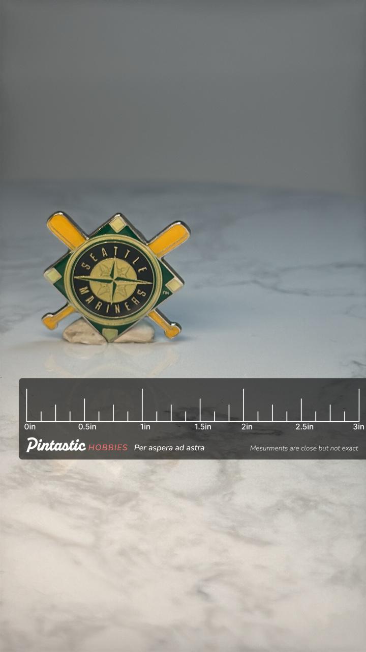 Seattle Mariners Baseball Pin: Green & Gold Enamel - MLB Fan Accessory with ruler overlay for size reference