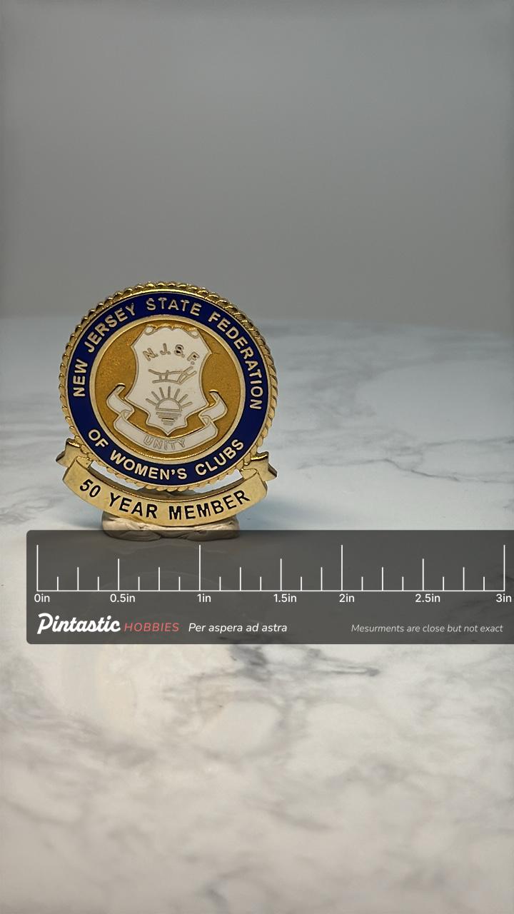New Jersey State Federation Women's Club Pin: Gold Enamel - 50 Year Member Accessory with ruler overlay for size reference
