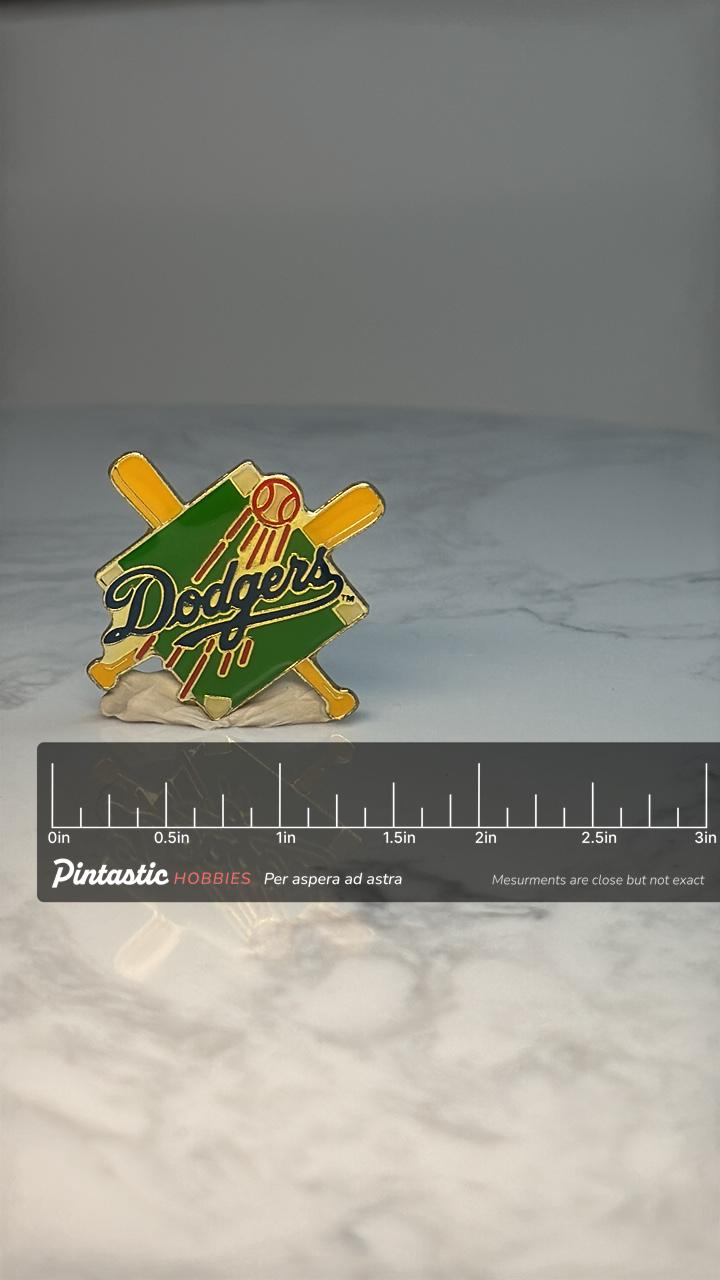 Los Angeles Dodgers Baseball Pin: Green Gold Enamel - 1990s Sports Accessory with ruler overlay for size reference