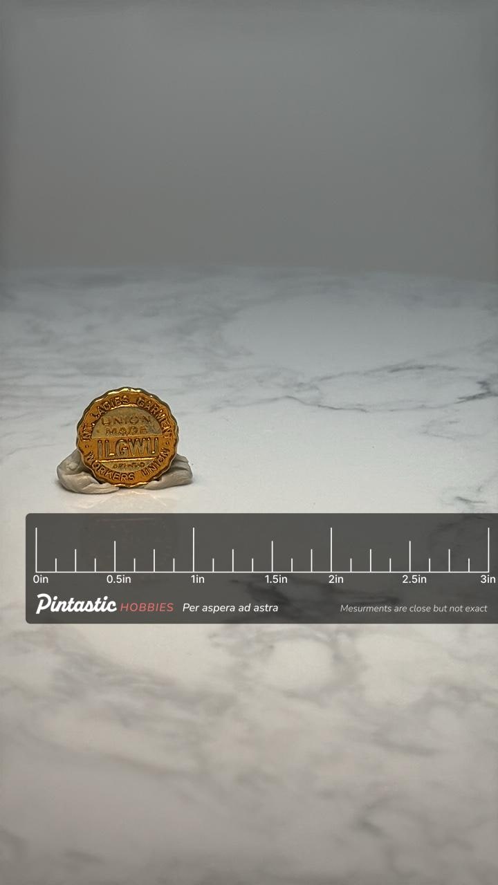 ILGWU Union Made Pin: Gold Tone - Labor Union Accessory with ruler overlay for size reference
