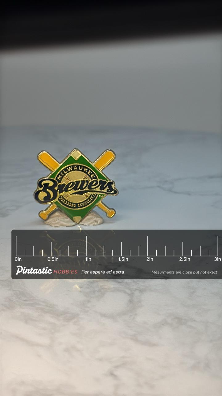 Milwaukee Brewers Baseball Pin: Green & Gold Enamel - MLB Sports Accessory with ruler overlay for size reference