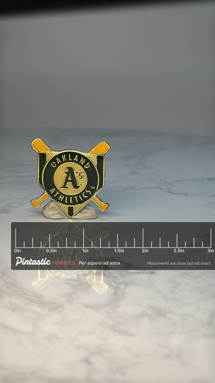 Oakland Athletics Baseball Pin: Green Gold Enamel - MLB Sports with ruler overlay for size reference
