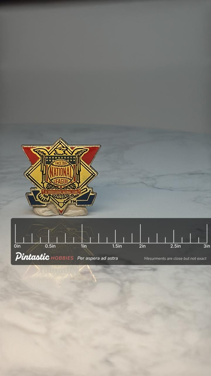 National League Baseball Lapel Pin: Gold Enamel - MLB Sports with ruler overlay for size reference
