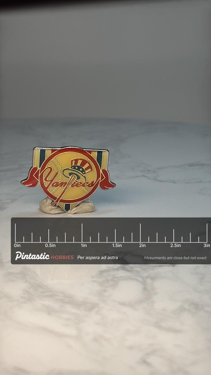 New York Yankees Baseball Pin: Red Yellow Enamel - MLB Sports Accessory with ruler overlay for size reference