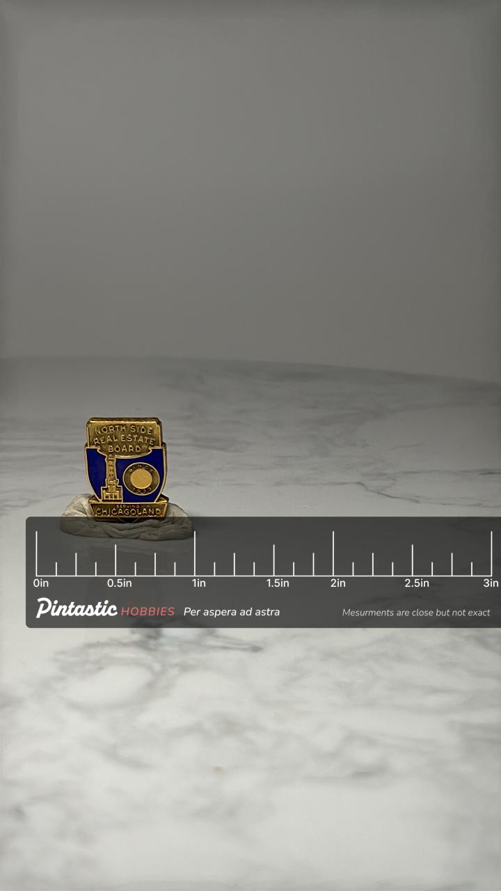 North Side Real Estate Board Pin: Blue Gold Shield - Chicagoland with ruler overlay for size reference