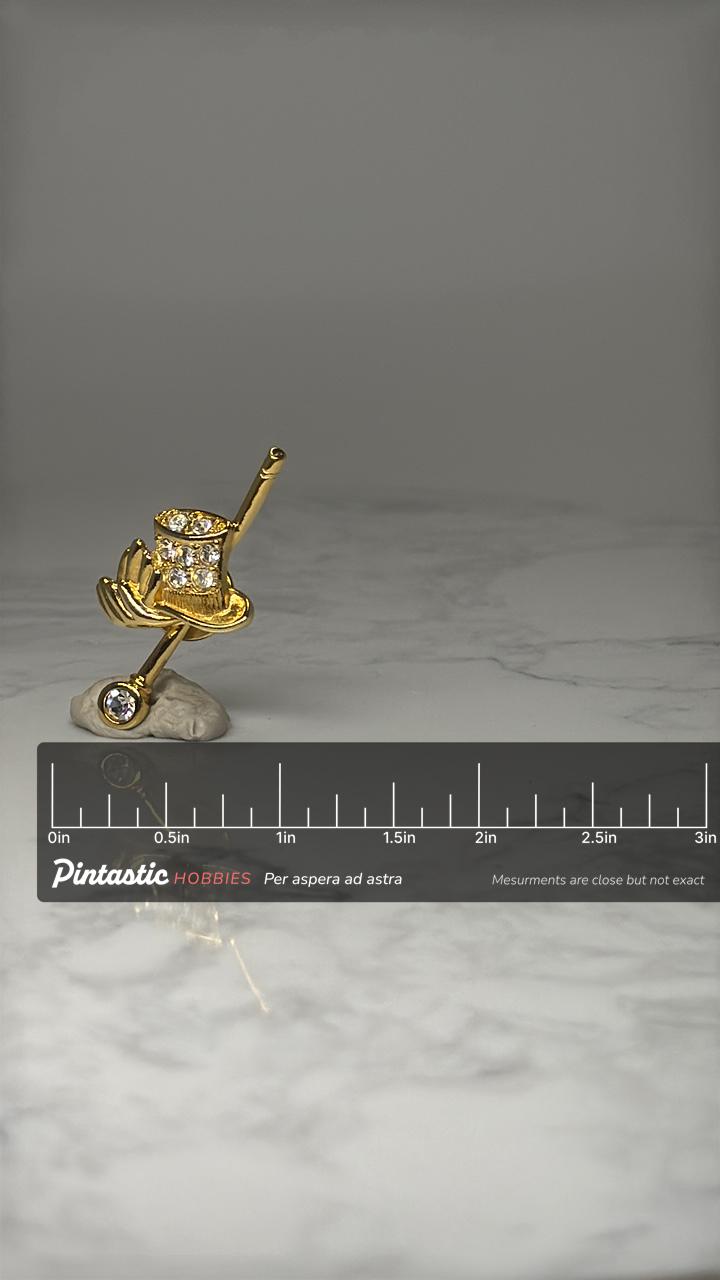 Magician Top Hat Lapel Pin: Gold Tone Rhinestone - Magic Theme Accessory with ruler overlay for size reference