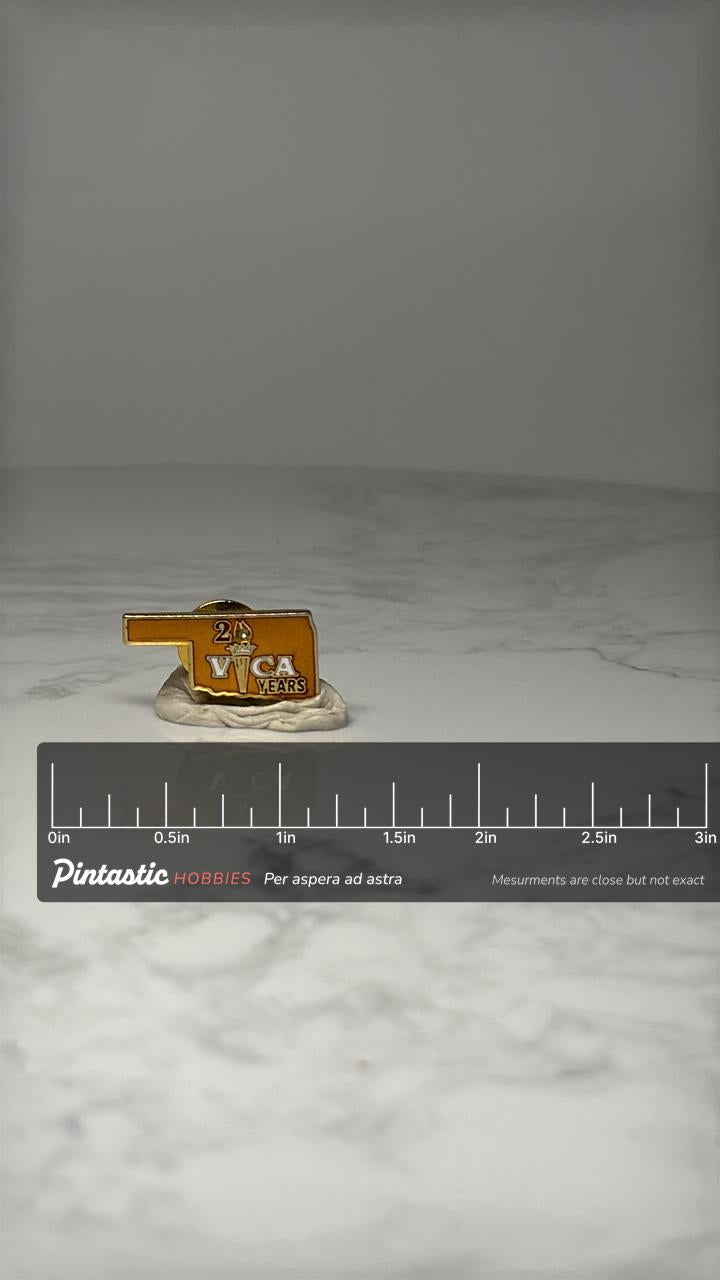 Oklahoma 20 Years VICA Lapel Pin: Orange Enamel - Anniversary Accessory with ruler overlay for size reference