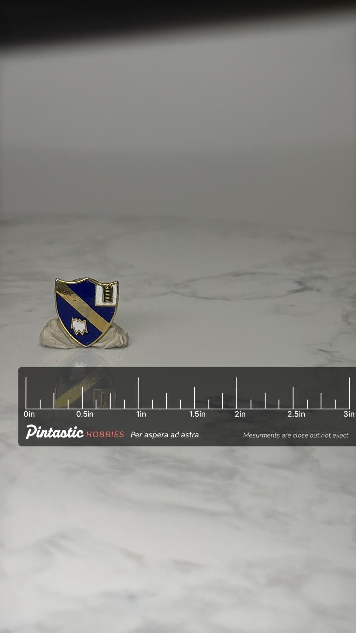 Heraldic Shield Enamel Pin: Blue & Gold Crest - Vintage Accessory with ruler overlay for size reference