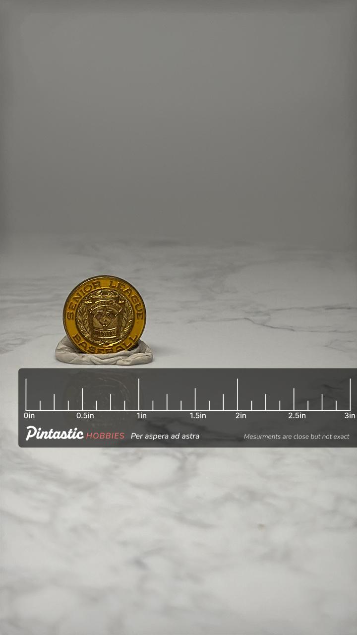 Senior League Baseball Pin: Gold Tone Enamel - Youth Sports Accessory with ruler overlay for size reference