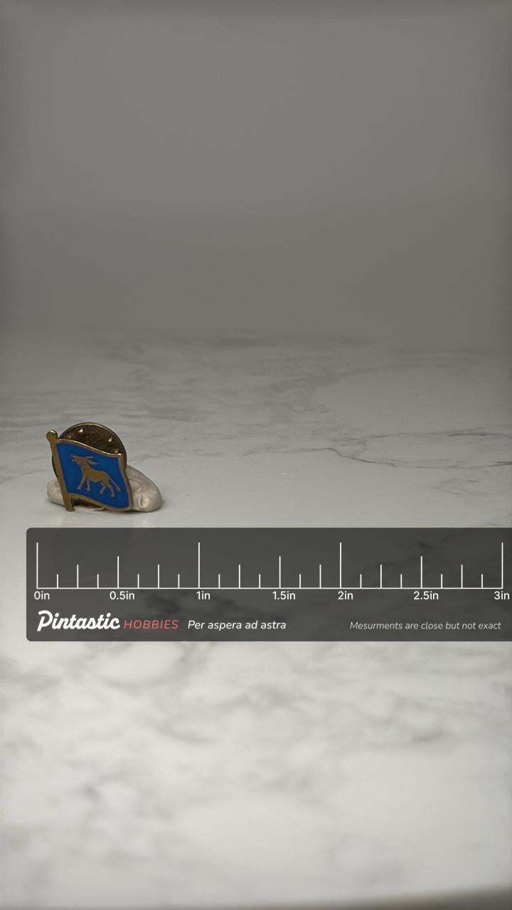 Donky Flag Enamel Pin: Blue Gold - Vintage Animal Accessory with ruler overlay for size reference