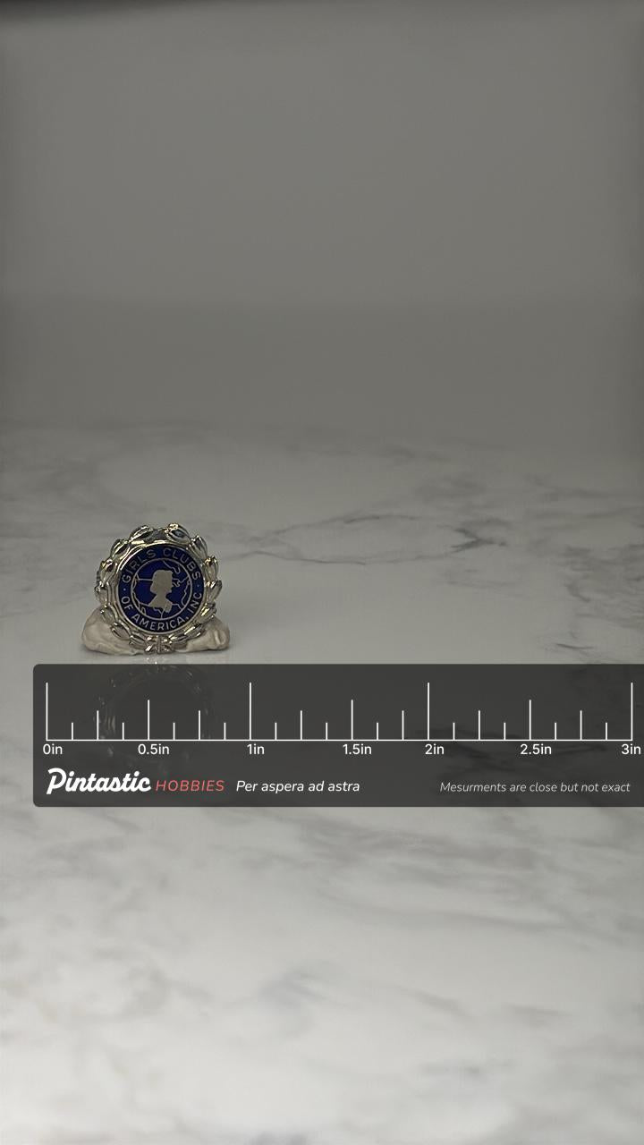 Girls Clubs of America Lapel Pin: Blue Enamel Silver Tone - Vintage Accessory with ruler overlay for size reference