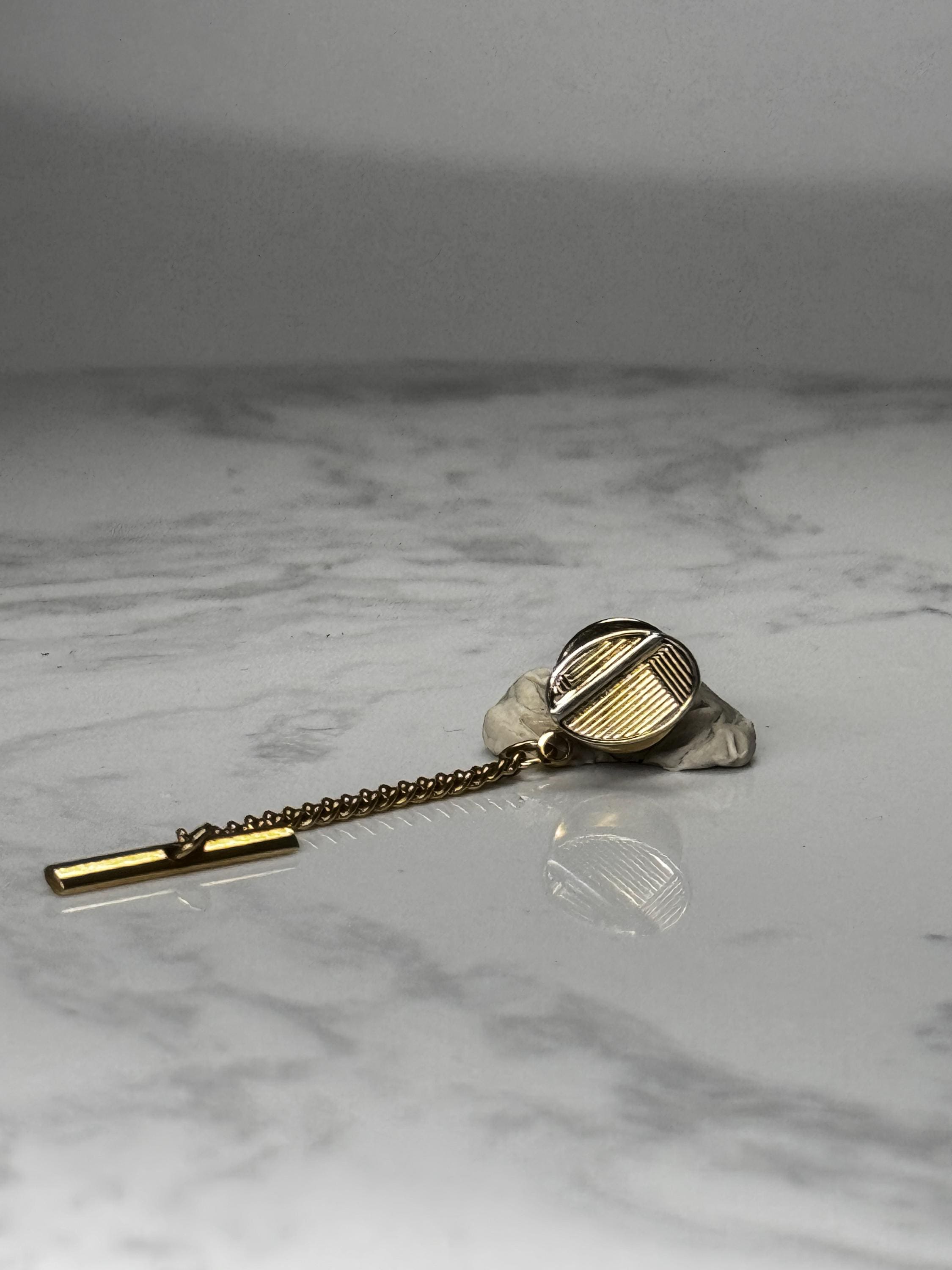 Gold Tone Round Tie Tack Pin: Textured Stripe Design - Vintage Accessory
