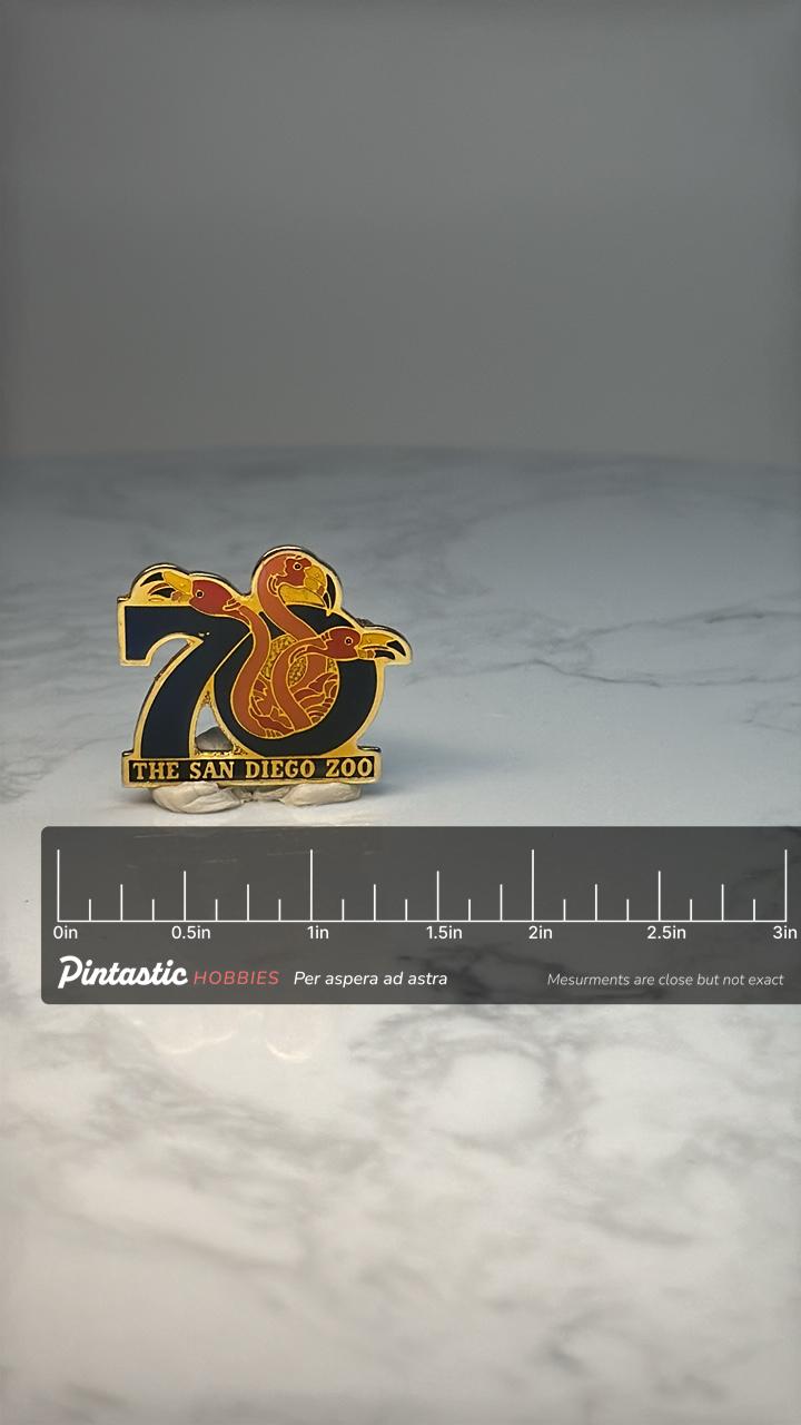 San Diego Zoo 70th Anniversary Pin: Gold Enamel - Zoo Souvenir with ruler overlay for size reference