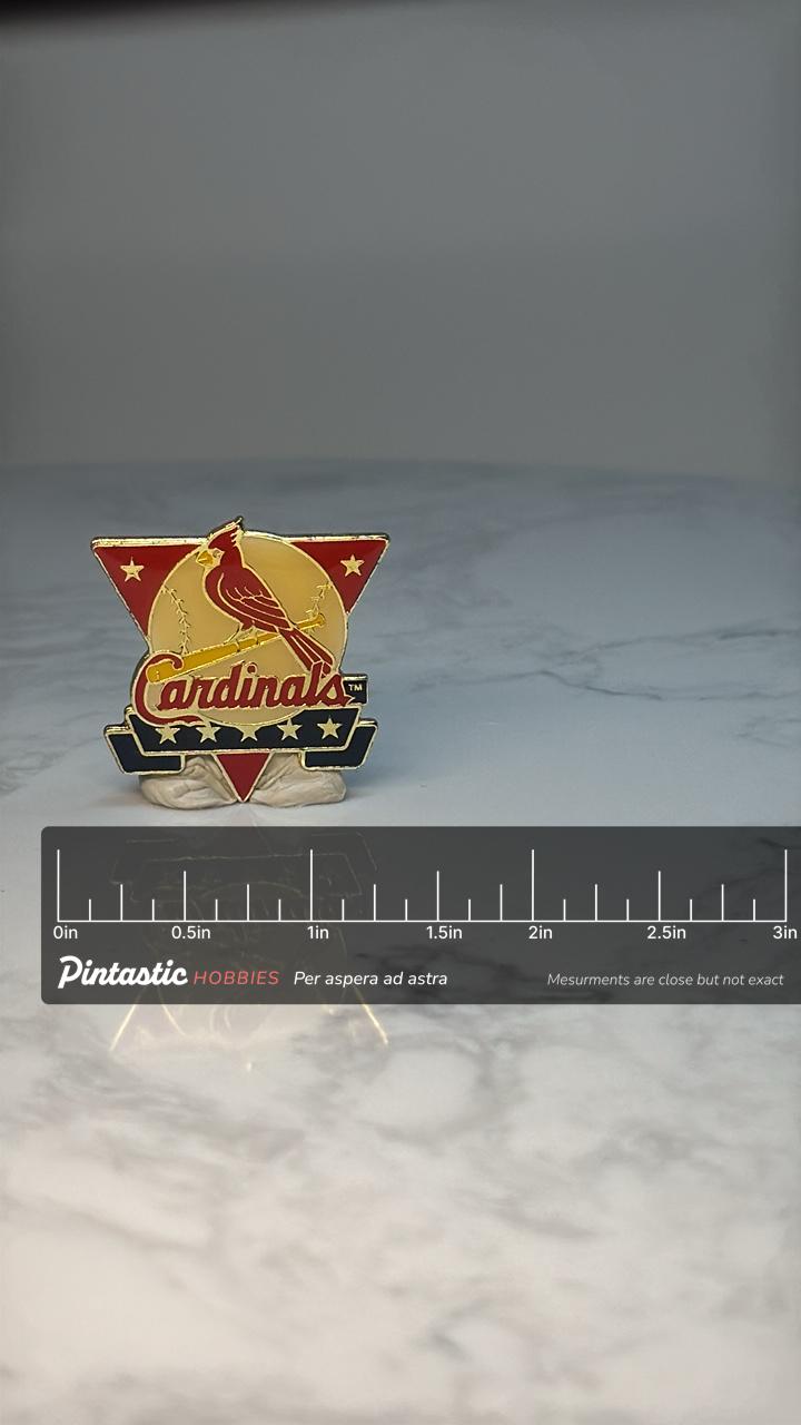 St Louis Cardinals Logo Pin: Red Gold Enamel - MLB 1990s Accessory with ruler overlay for size reference