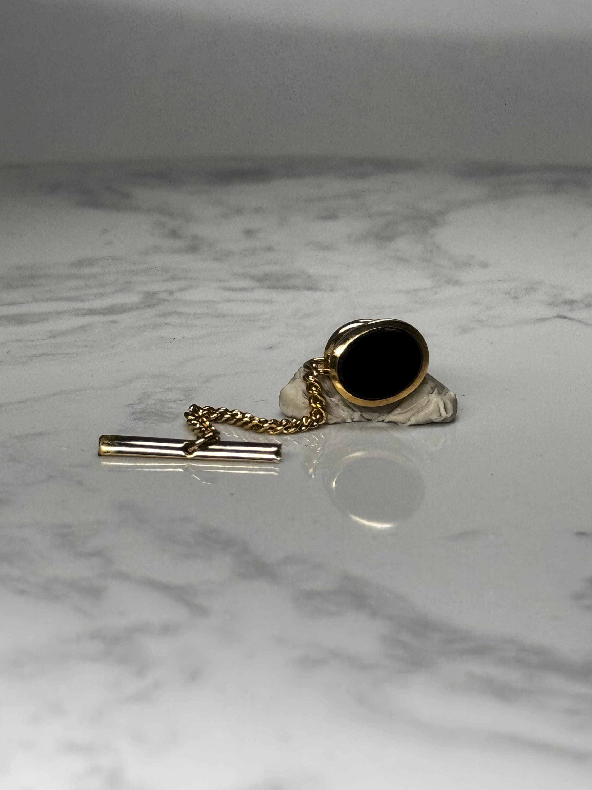 Black Tie Tack: Gold Tone Chain Bar - Vintage Formal Accessory