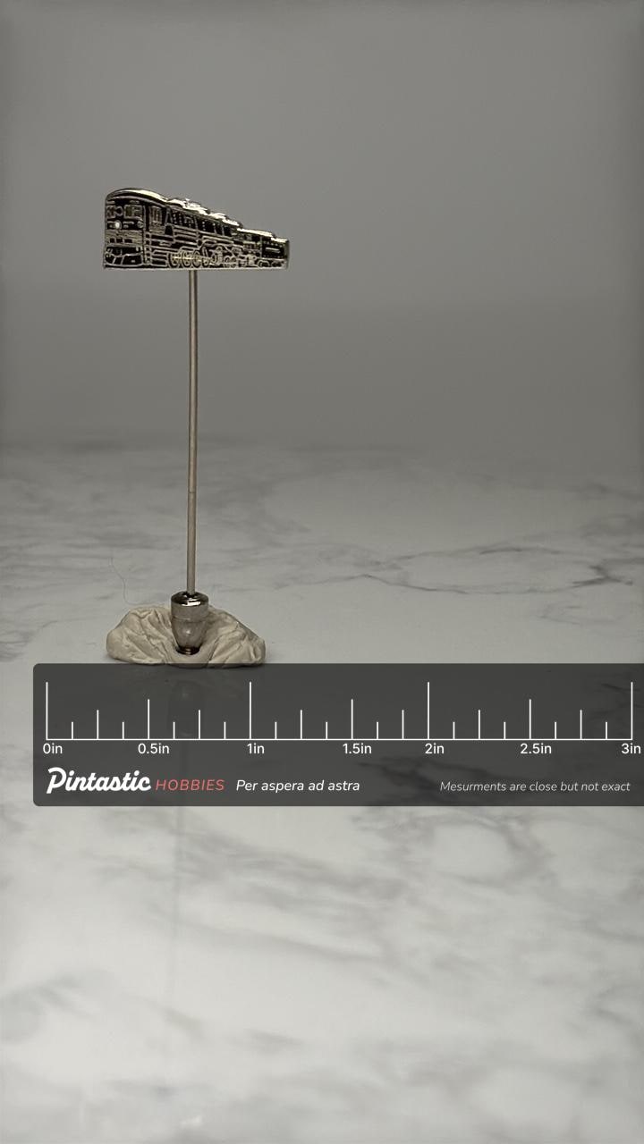 Steam Locomotive Stick Pin: Silver Tone - Railroad Era Accessory with ruler overlay for size reference