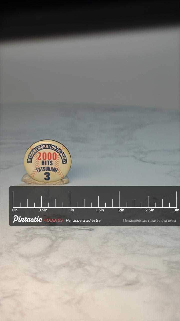 Kazuyoshi Tatsunami 2000 Hits Pin: Baseball Design - Sports Commemorative with ruler overlay for size reference