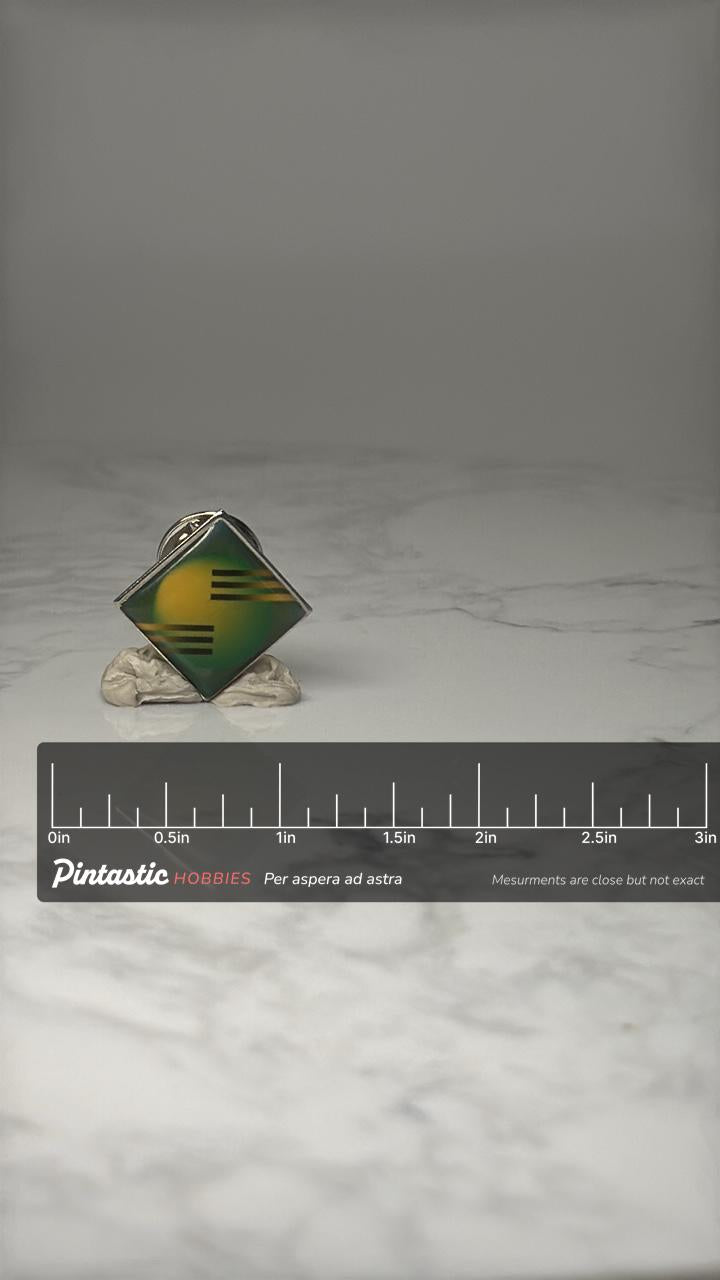 Abstract Geometric Lapel Pin: Green & Yellow Enamel - Retro Accessory with ruler overlay for size reference
