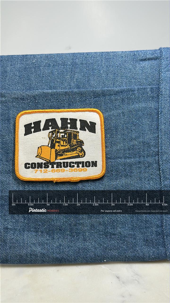 Hahn Construction Patch: Yellow Border - Vintage Company Accessory with ruler overlay for size reference
