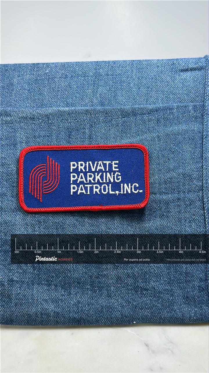 Private Parking Patrol Collectable Patch: Red Blue - Security Accessory with ruler overlay for size reference