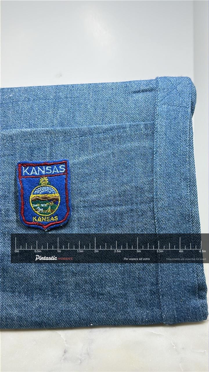 Kansas State Seal Collectable Patch: Blue Red Border - Vintage Travel Accessory with ruler overlay for size reference