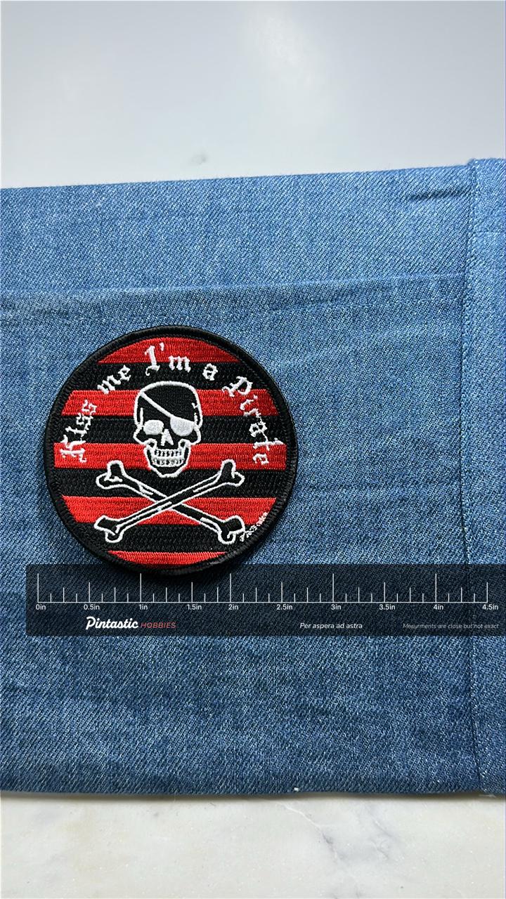 Kiss Me Im a Pirate Patch: Red Black Skull - Novelty Accessory with ruler overlay for size reference