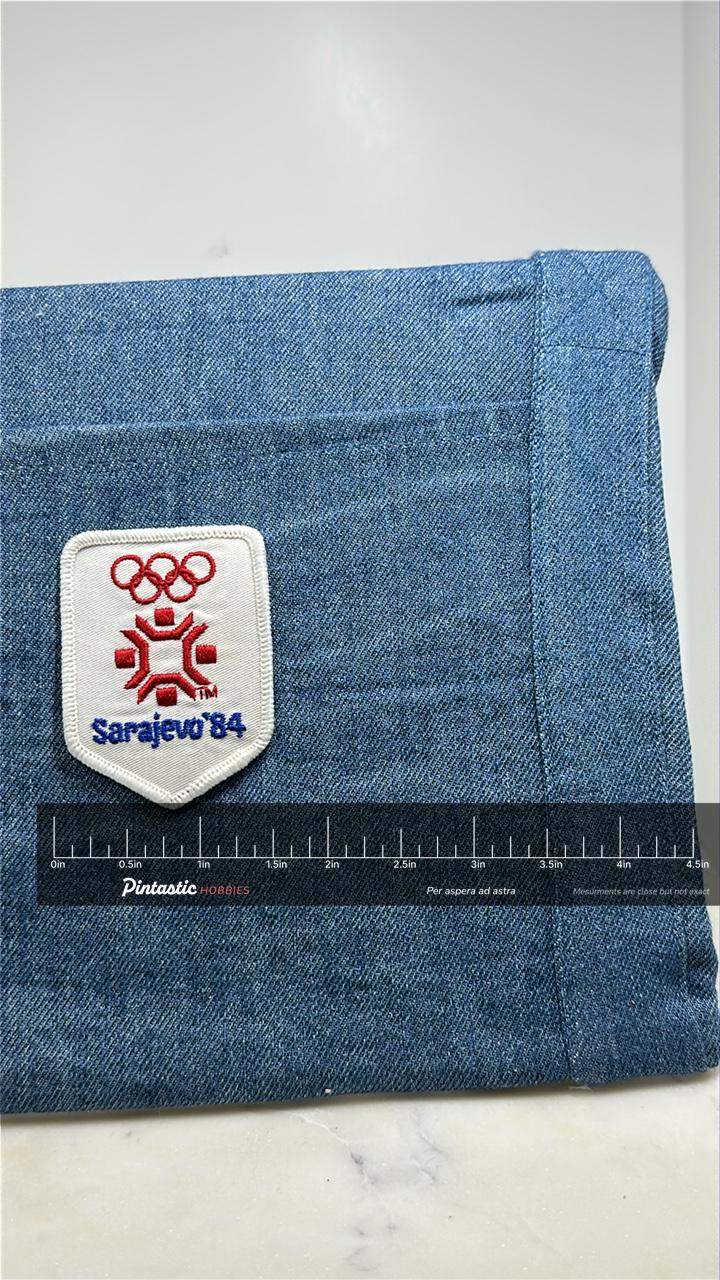 Sarajevo 84 Olympic Collectable Patch: Red & White - Winter Games Accessory with ruler overlay for size reference