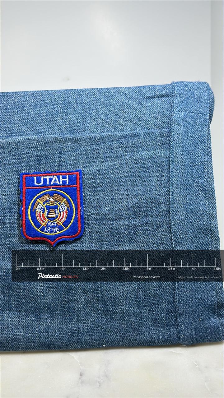 Utah State Seal Collectable Patch: Blue Red Shield - Vintage Accessory with ruler overlay for size reference