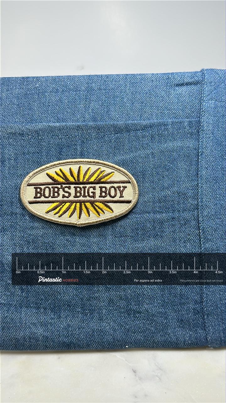 Vintage Bob’s Big Boy Restaurant Patch: Brown Logo - Diner Fast Food with ruler overlay for size reference