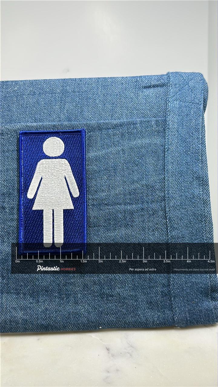 Ladies Restroom Patch: Blue & White - Icon Sign Accessory with ruler overlay for size reference