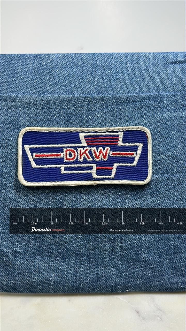 Vintage DKW Motorcycles Patch: Blue Colored Logo - 1970s Motorcycle Brand with ruler overlay for size reference