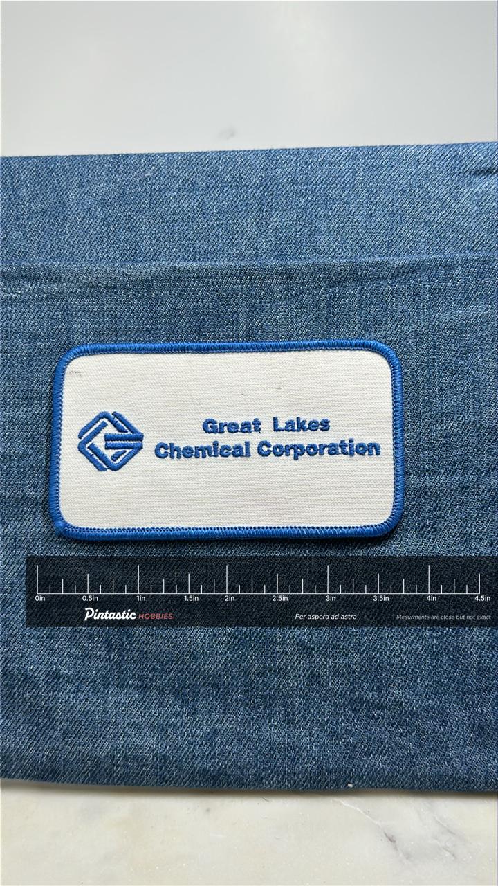 Great Lakes Chemical Corporation Patch: Blue Logo - Vintage Company Accessory with ruler overlay for size reference
