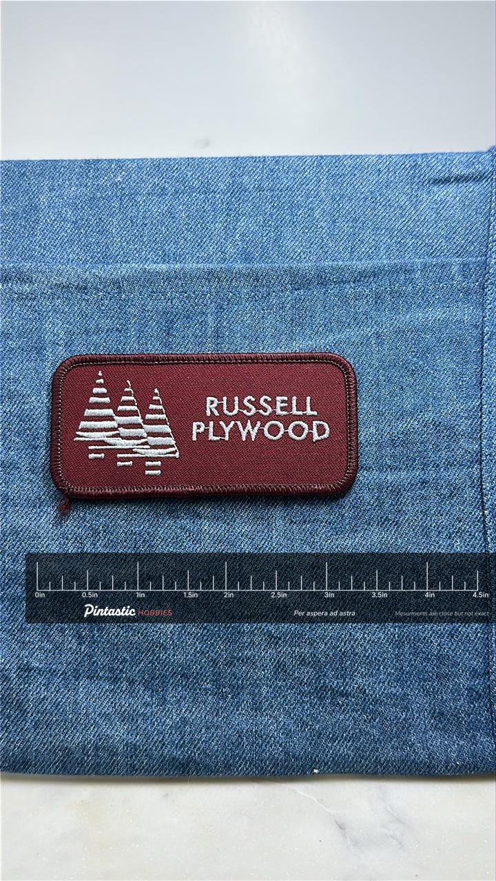 Russell Plywood Collectable Patch: Maroon Logo - Company Accessory with ruler overlay for size reference