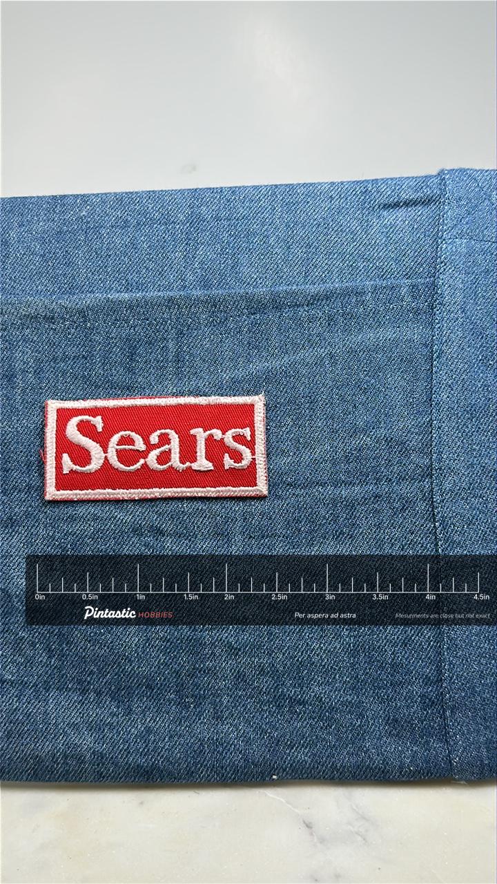 Sears Patch: Red & White Logo - Vintage Retail Accessory with ruler overlay for size reference