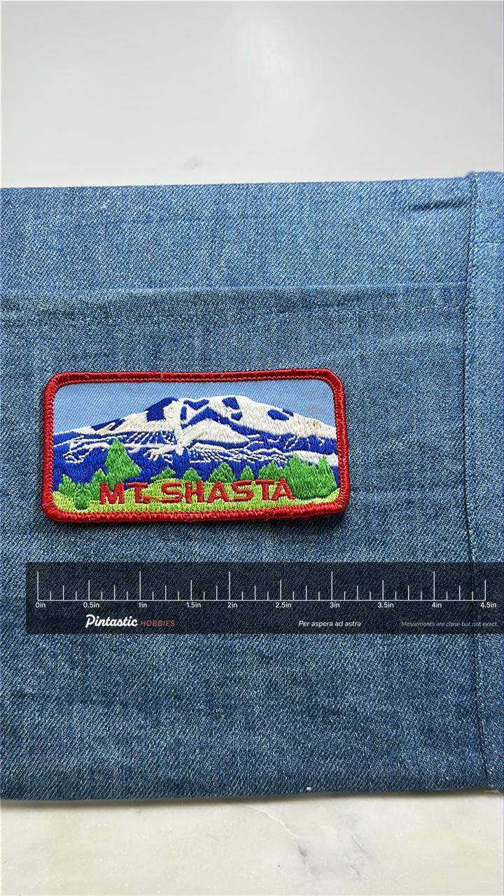 Mt. Shasta Collectable Patch: Red Border Scenic - Travel Souvenir Accessory with ruler overlay for size reference