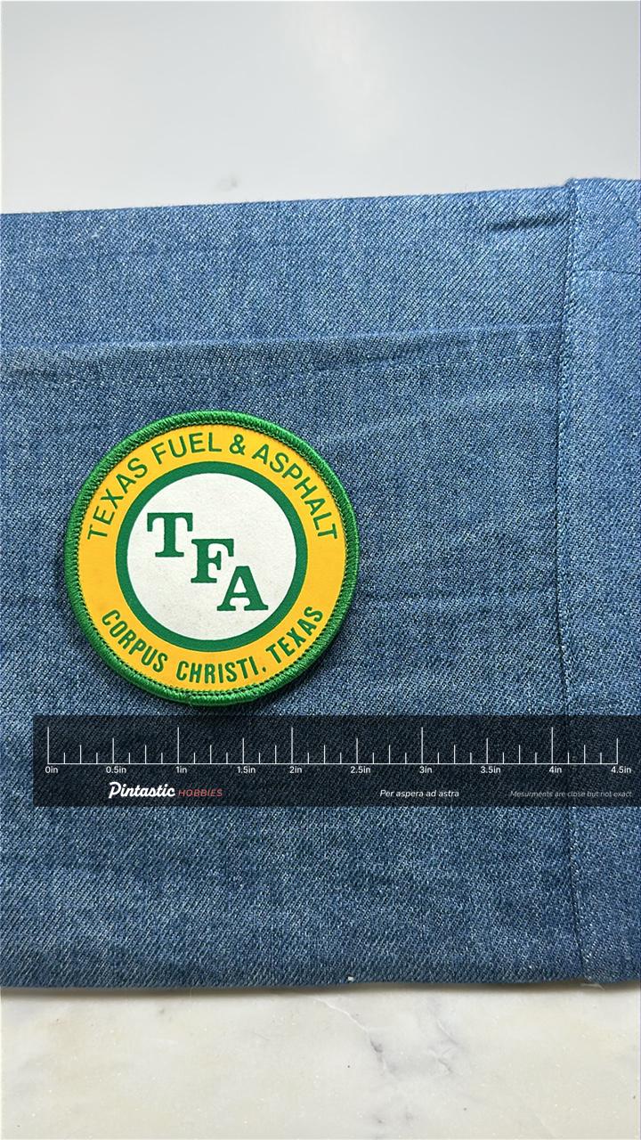 Texas Fuel & Asphalt Collectable Patch: Green Yellow - Oil Industry Accessory with ruler overlay for size reference