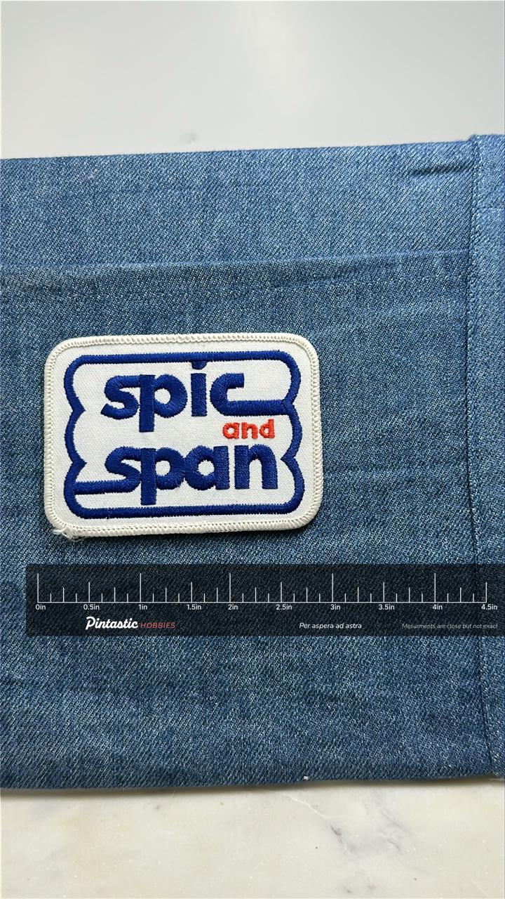 Spic and Span Collectable Patch: Blue White Logo - Retro Cleaning Accessory with ruler overlay for size reference