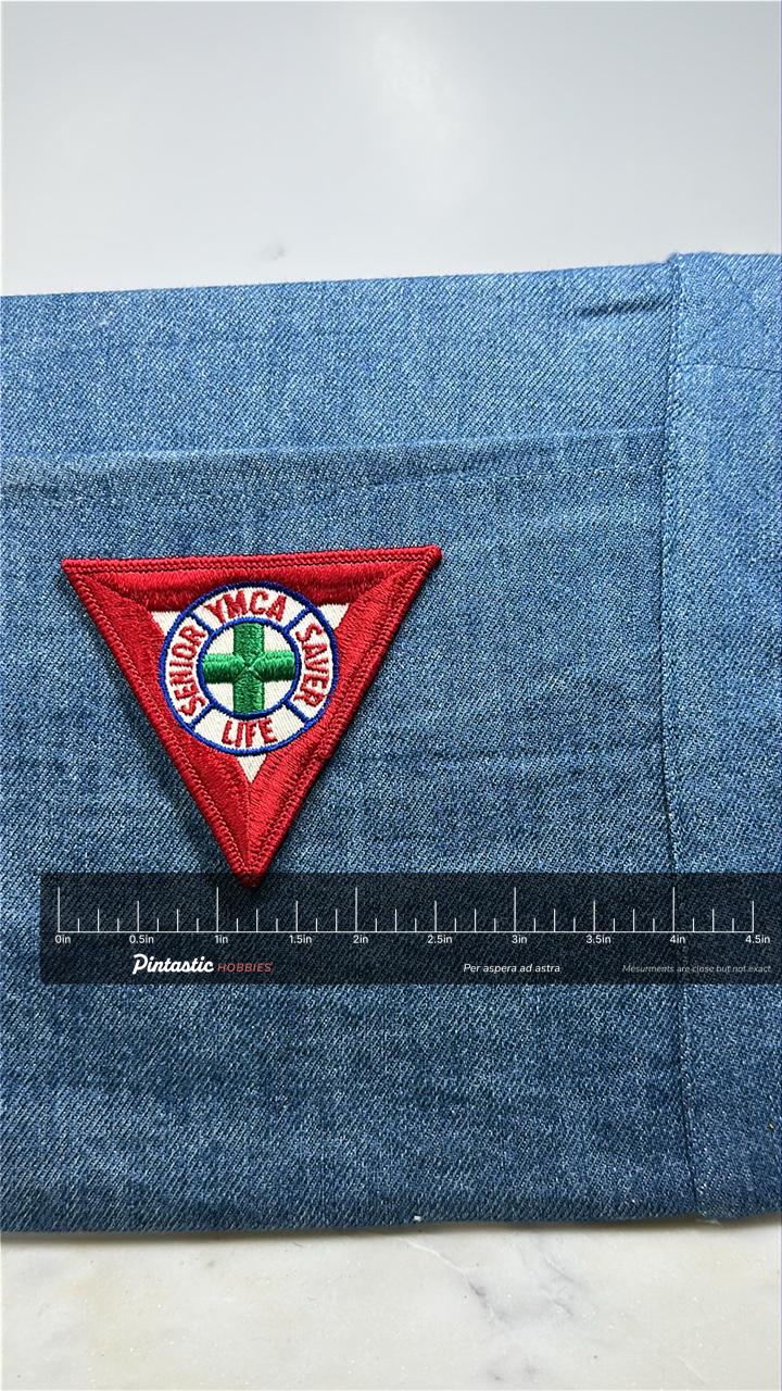 YMCA Services Saves Life Patch: Red Triangle - Lifesaving Accessory with ruler overlay for size reference
