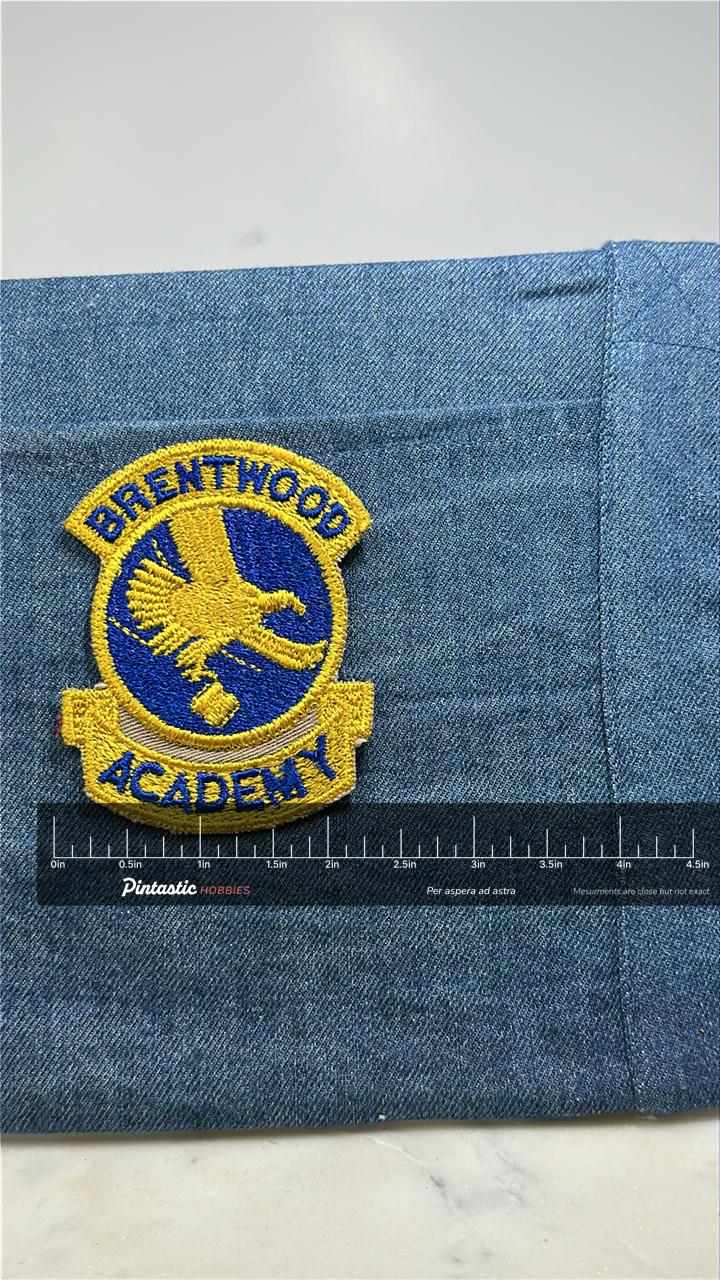 Brentwood Academy Patch: Blue & Gold Eagle - School Accessory with ruler overlay for size reference
