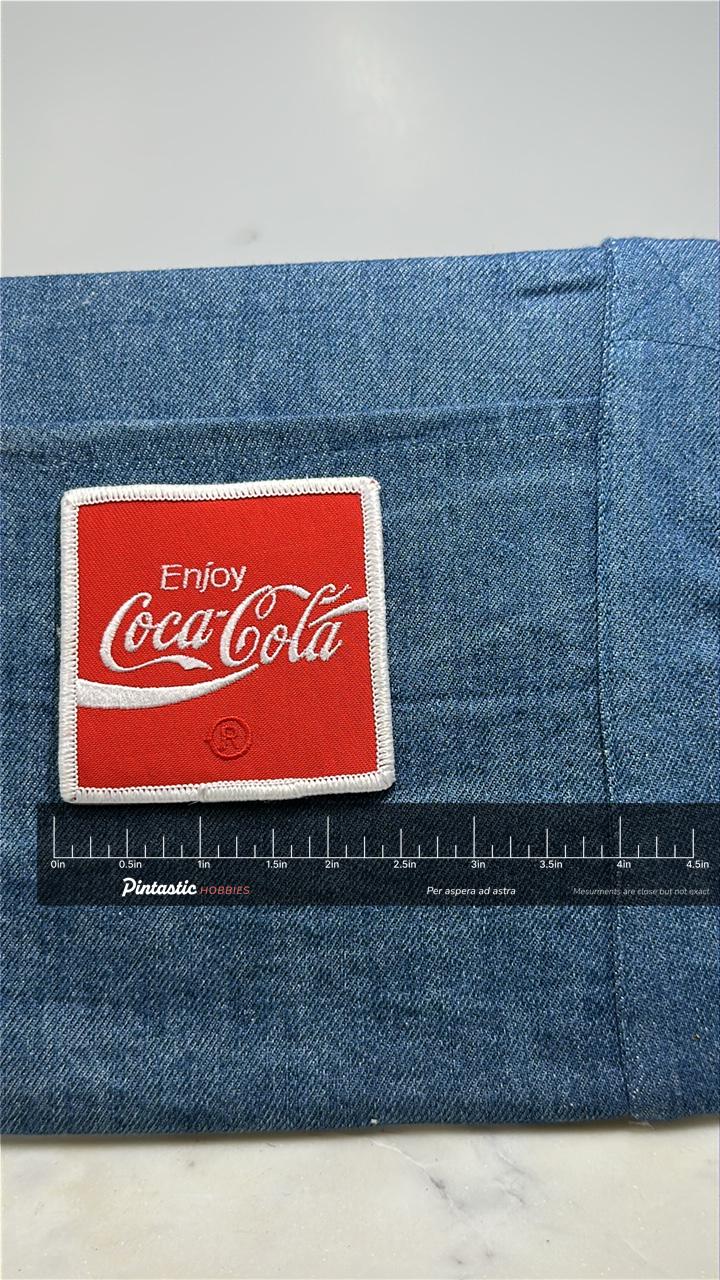 Coca-Cola Logo Patch: Red White Script - Vintage Soda Ad Accessory with ruler overlay for size reference